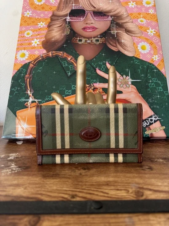 Burberrys Vntg Green Plaid Canvas Leather Trim Wallet - Picture 4 of 8